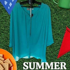 Avenue Womens 3/4 Balloon Sleeve Chain V Neck Blue Layered Tunic Top NWT